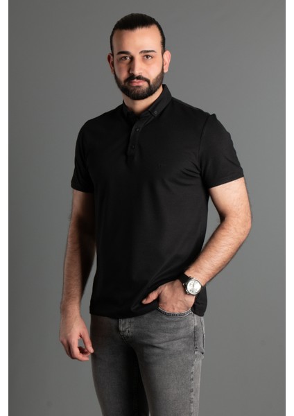 Erkek Siyah Dokulu Düğmeli Polo Yaka T-Shirt