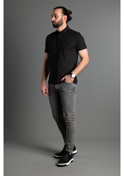 Erkek Siyah Dokulu Düğmeli Polo Yaka T-Shirt modelleri