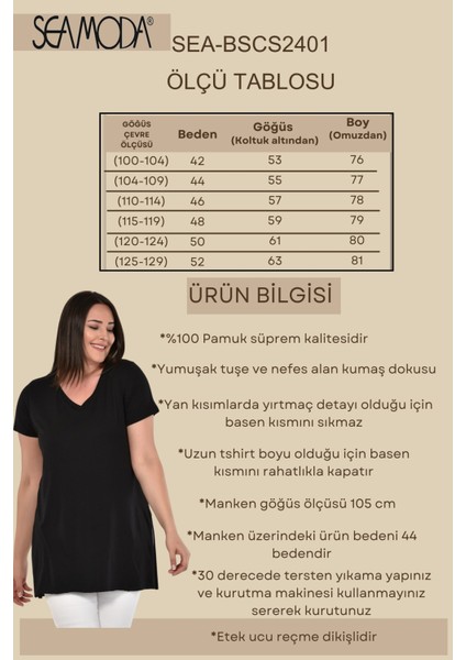 Sea Moda Büyük Beden V Yaka Yırtmaçlı Pamuk Basic Tshirt-Siyah