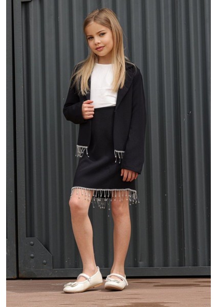 Kız Çocuk Dökümlü Kristal Taş Detaylı Siyah Etekli Takım