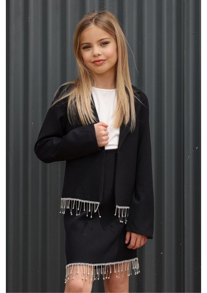 Kız Çocuk Dökümlü Kristal Taş Detaylı Siyah Etekli Takım fiyatları