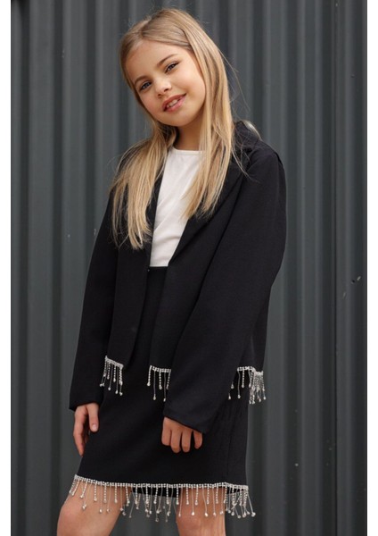 Kız Çocuk Dökümlü Kristal Taş Detaylı Siyah Etekli Takım modelleri