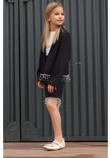 Kız Çocuk Dökümlü Kristal Taş Detaylı Siyah Etekli Takım indirimleri