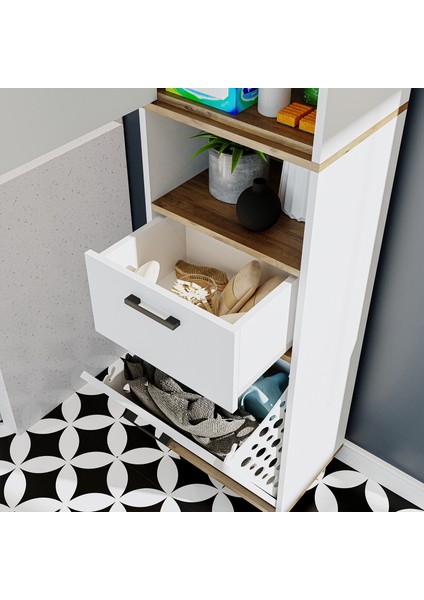 Çamaşır Sepetli Banyo Dolabı, Çok Amaçlı Çekmeceli Dolap 45 x 200 cm fırsatları