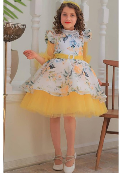 Kız Çocuk Üzeri Çiçek Desenli Omuzu ve Kolları Fırfır Detaylı Taş Işlemeli Sarı Elbise