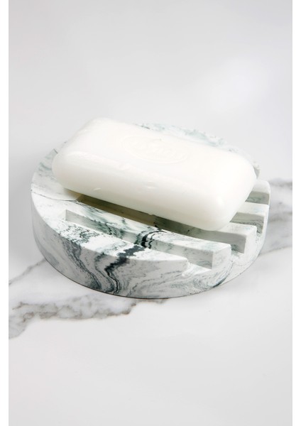 Mermer Desenli Yuvarlak Model Beton Katı Sabunluk Su Giderli 10 cm