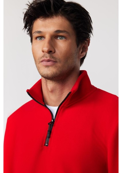 Unisex Standart Fit Anti-pilling Tüylenme Yapmayan Soğuk Geçirmez Kırmızı Dik Yaka Polar Sweatshirt