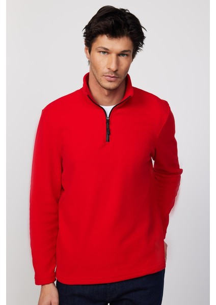 Unisex Standart Fit Anti-pilling Tüylenme Yapmayan Soğuk Geçirmez Kırmızı Dik Yaka Polar Sweatshirt modelleri