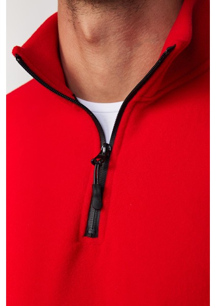 Unisex Standart Fit Anti-pilling Tüylenme Yapmayan Soğuk Geçirmez Kırmızı Dik Yaka Polar Sweatshirt fırsatları