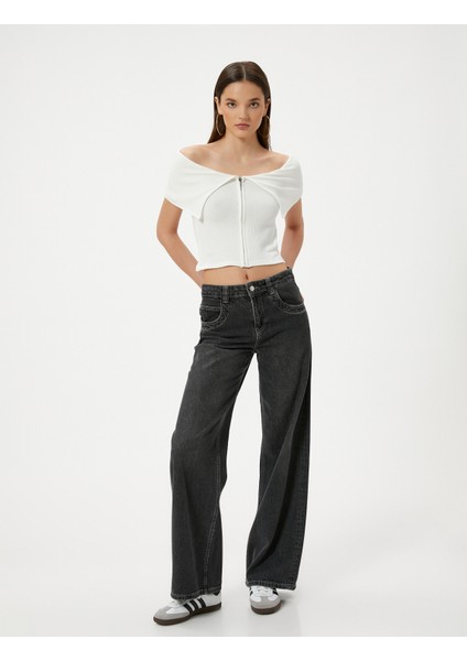 Omzu Açık Tişört Fermuarlı Kısa Kollu Fitilli Kat Detaylı Viskoz Kumaş