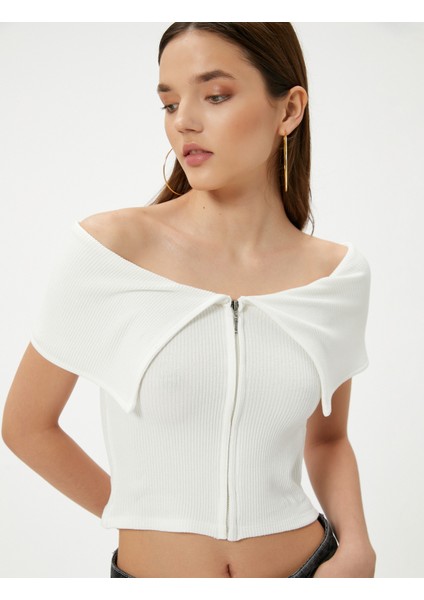 Omzu Açık Tişört Fermuarlı Kısa Kollu Fitilli Kat Detaylı Viskoz Kumaş fiyatları