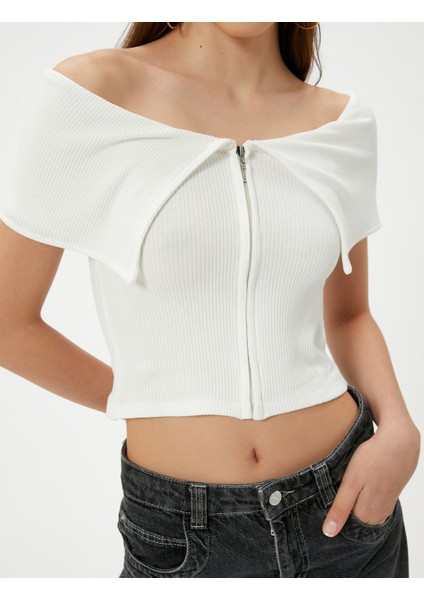 Omzu Açık Tişört Fermuarlı Kısa Kollu Fitilli Kat Detaylı Viskoz Kumaş indirimleri