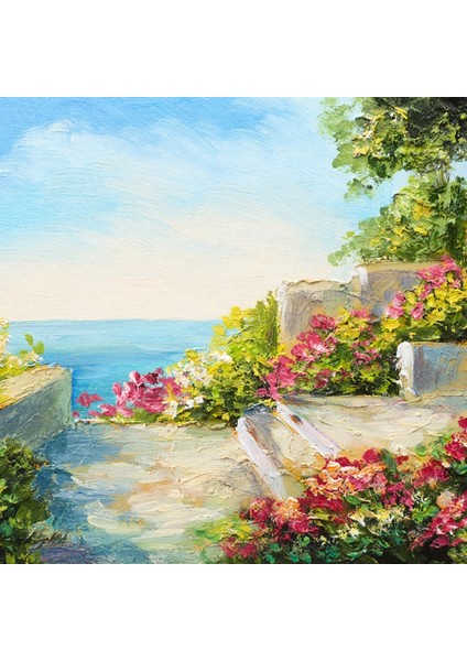 Çiçekli Taş Teras ve Deniz Manzarası Yağlıboya Kanvas Tablo 50 x 70