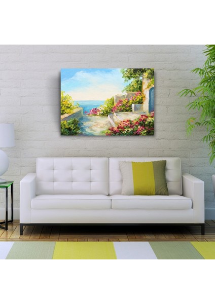 Çiçekli Taş Teras ve Deniz Manzarası Yağlıboya Kanvas Tablo 50 x 70