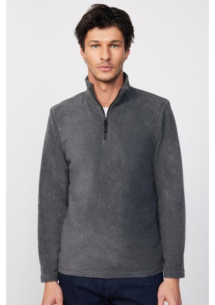 Erkek Standart Fit Rahat Kesim Tüylenme Yapmayan Soğuk Geçirmez Antrasit Dik Yaka Polar Sweatshirt