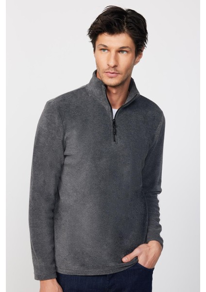 Erkek Standart Fit Rahat Kesim Tüylenme Yapmayan Soğuk Geçirmez Antrasit Dik Yaka Polar Sweatshirt fiyatları