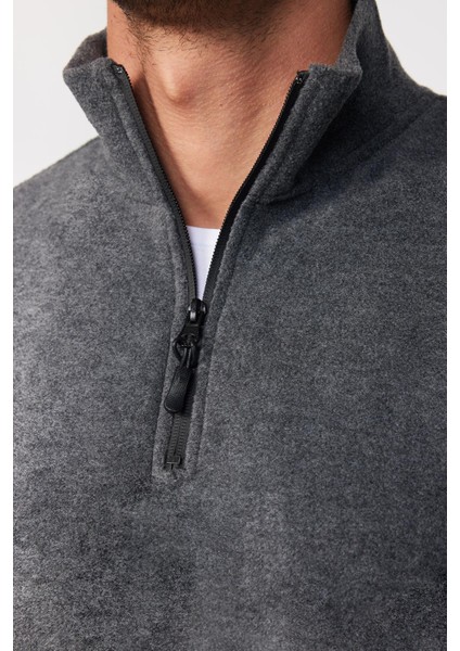 Erkek Standart Fit Rahat Kesim Tüylenme Yapmayan Soğuk Geçirmez Antrasit Dik Yaka Polar Sweatshirt fırsatları