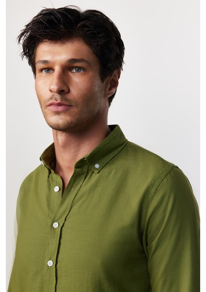 Slim Fit Uzun Kollu Biyeli Yaka Düğmeli Keten Haki Erkek Gömlek fiyatları