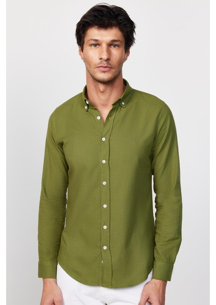 Slim Fit Uzun Kollu Biyeli Yaka Düğmeli Keten Haki Erkek Gömlek modelleri