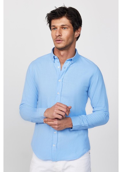 Slim Fit Uzun Kollu Biyeli Yaka Düğmeli Keten Mavi Erkek Gömlek