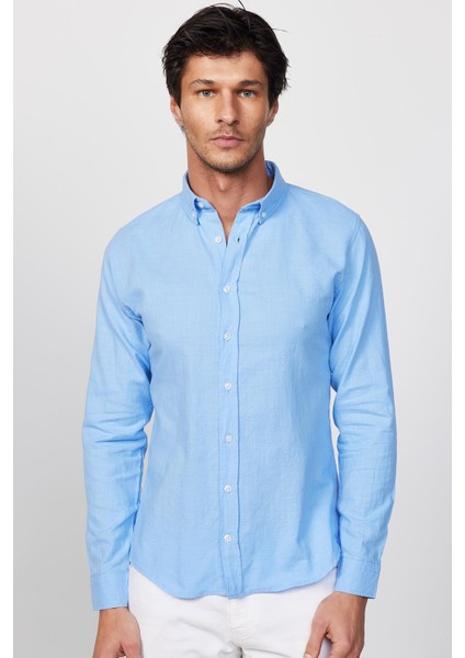 Slim Fit Uzun Kollu Biyeli Yaka Düğmeli Keten Mavi Erkek Gömlek modelleri