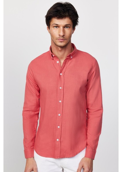 Slim Fit Uzun Kollu Biyeli Yaka Düğmeli Keten Gül Kurusu Erkek Gömlek modelleri
