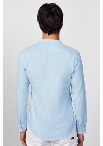 Slim Fit Uzun Kollu Dar Kalıp Hakim Yaka Pamuklu Keten Doku Mavi Gömlek