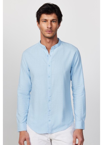 Slim Fit Uzun Kollu Dar Kalıp Hakim Yaka Pamuklu Keten Doku Mavi Gömlek modelleri
