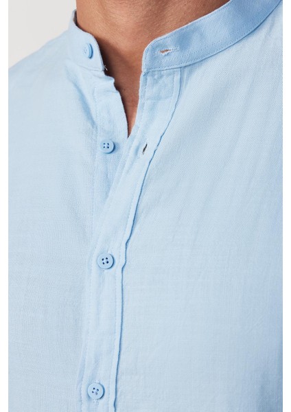 Slim Fit Uzun Kollu Dar Kalıp Hakim Yaka Pamuklu Keten Doku Mavi Gömlek fırsatları
