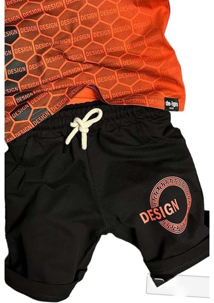Erkek Çocuk Bal Peteği Desen ve Design Baskılı Vermilion Şortlu Takım