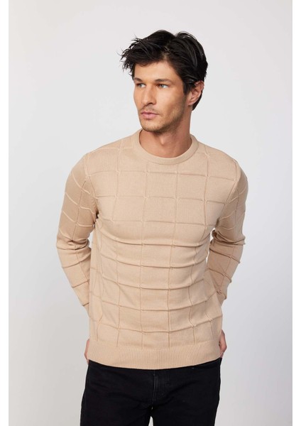Slim Fit Bisiklet Yaka Kare Desenli Taş Erkek Triko Kazak fiyatları