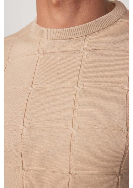 Slim Fit Bisiklet Yaka Kare Desenli Taş Erkek Triko Kazak modelleri