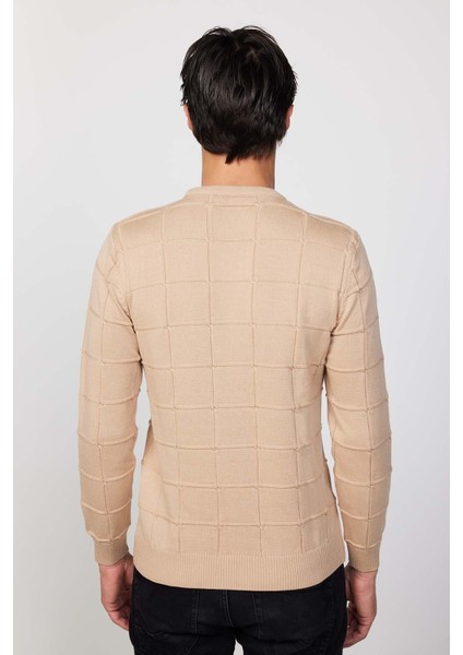 Slim Fit Bisiklet Yaka Kare Desenli Taş Erkek Triko Kazak indirimleri