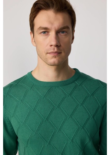 Slim Fit Bisiklet Yaka Desenli Yeşil Erkek Triko Kazak fiyatları