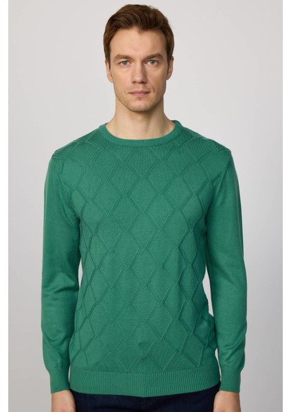 Slim Fit Bisiklet Yaka Desenli Yeşil Erkek Triko Kazak modelleri