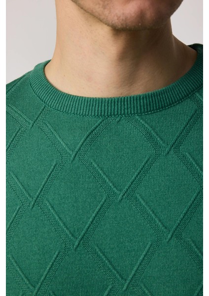 Slim Fit Bisiklet Yaka Desenli Yeşil Erkek Triko Kazak fırsatları