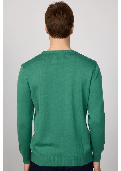 Slim Fit Bisiklet Yaka Desenli Yeşil Erkek Triko Kazak indirimleri