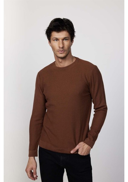 Slim Fit Bisiklet Yaka Desenli Taba Erkek Kazak fiyatları