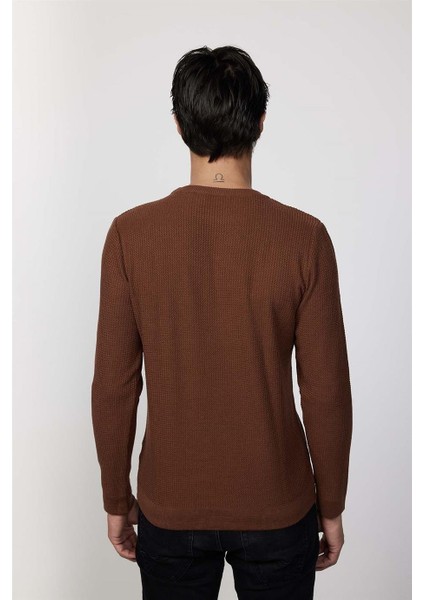 Slim Fit Bisiklet Yaka Desenli Taba Erkek Kazak indirimleri