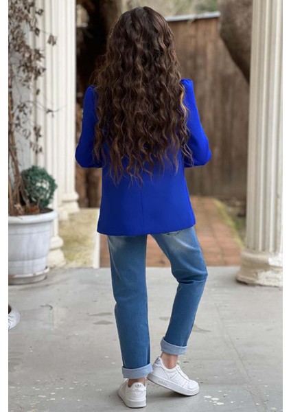 Kız Çocuk Üzeri Harf Pulpayet Tişört ve Jean Saks Mavisi Blazer Ceket Alt Üst Takım