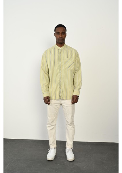 R-3970 Tek Cep Detaylı Çizgili Uzun Kol Gömlek