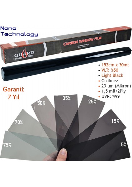 Carbon Cam Filmi Vlt %50 Light Black 152 cm x 30 mt (Nano Teknoloji) modelleri