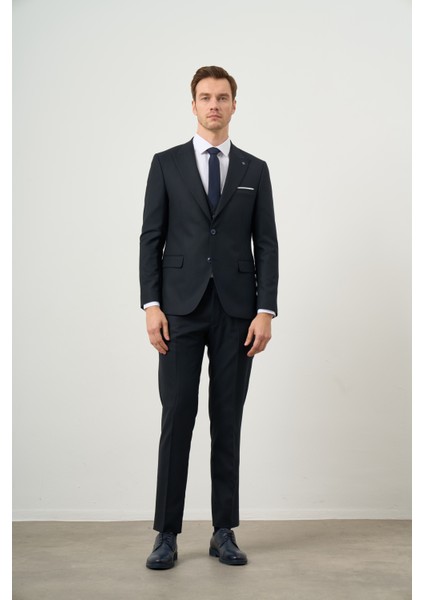 Erkek Lacivert Poliviskon Basic Yelekli Jakar Desen Slim Fit Sivri Yaka Takım Elbise