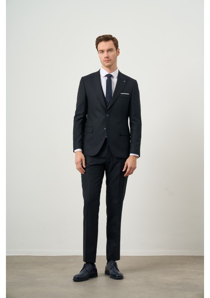 Erkek Lacivert Poliviskon Basic Yelekli Jakar Desen Slim Fit Sivri Yaka Takım Elbise