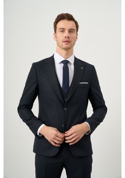 Erkek Lacivert Poliviskon Basic Yelekli Jakar Desen Slim Fit Sivri Yaka Takım Elbise