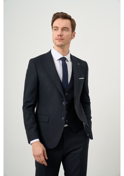 Erkek Lacivert Poliviskon Basic Yelekli Jakar Desen Slim Fit Sivri Yaka Takım Elbise