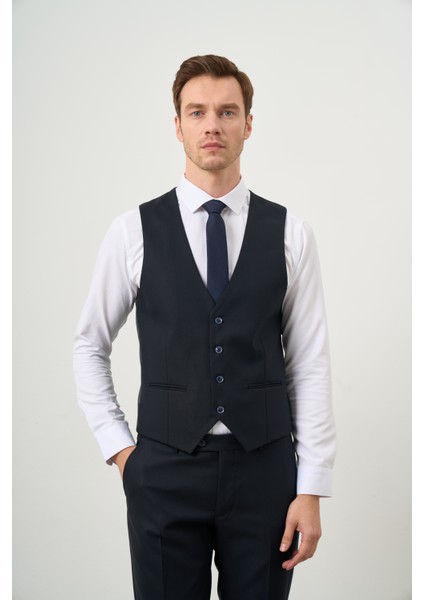 Erkek Lacivert Poliviskon Basic Yelekli Jakar Desen Slim Fit Sivri Yaka Takım Elbise