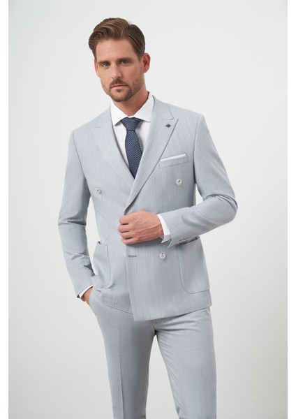 Erkek Mavi Poliviskon Trend Kruvaze Slim Fit Sivri Yaka Takım Elbise modelleri