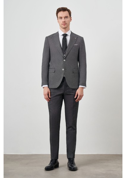Erkek Siyah Keten Kombinli Slim Fit Takım Elbise
