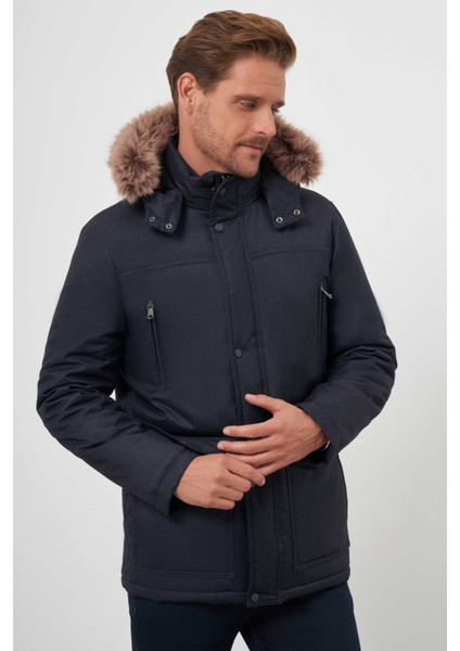 Erkek Lacivert Çıtçıtlı Kapüşonlu Dynamic Fit Rahat Kesim Mont